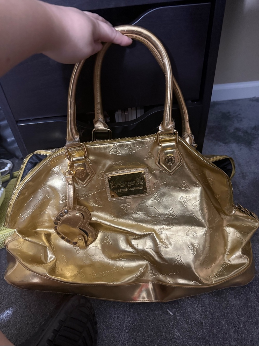 Betsey Johnson Metallic Gold Patent Tote with Heart Charm